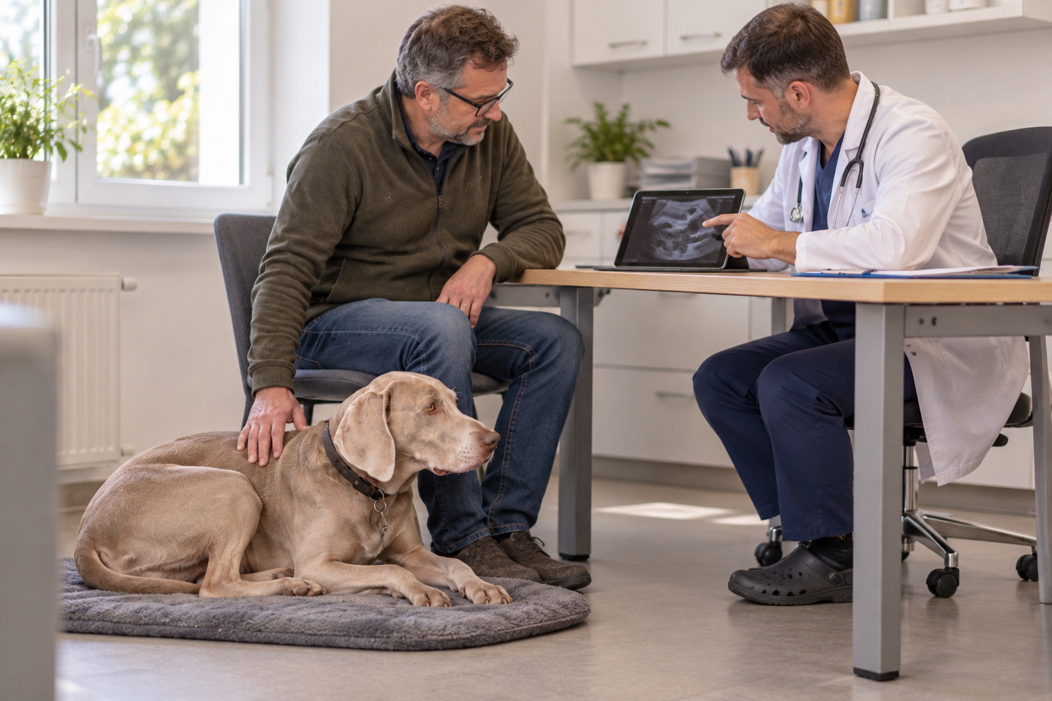 Veterinár vysvetľuje majiteľovi výsledky zobrazovacieho vyšetrenia psa